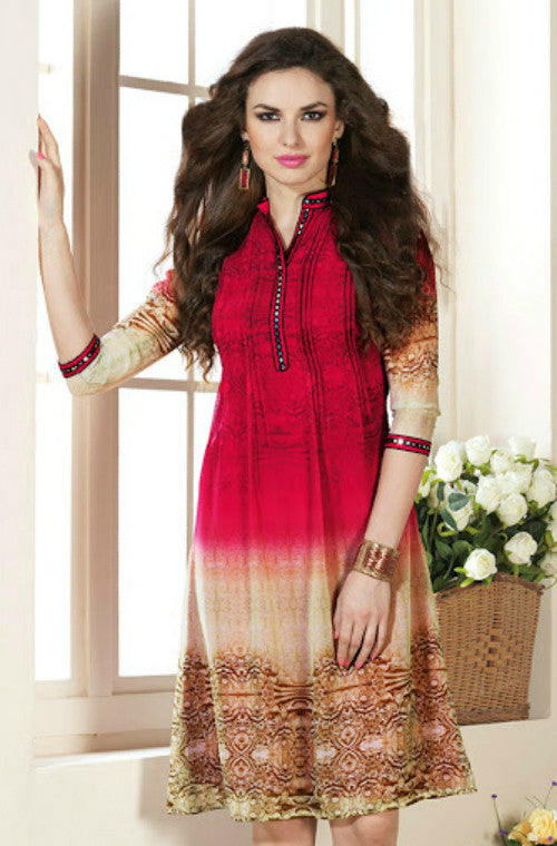 Red & Beige Printed Faux Georgette Kurti | Saira's Boutique