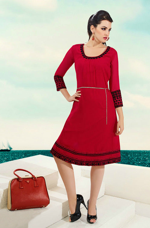 Red & Black Embroidered Georgette Kurti – Saira's Boutique