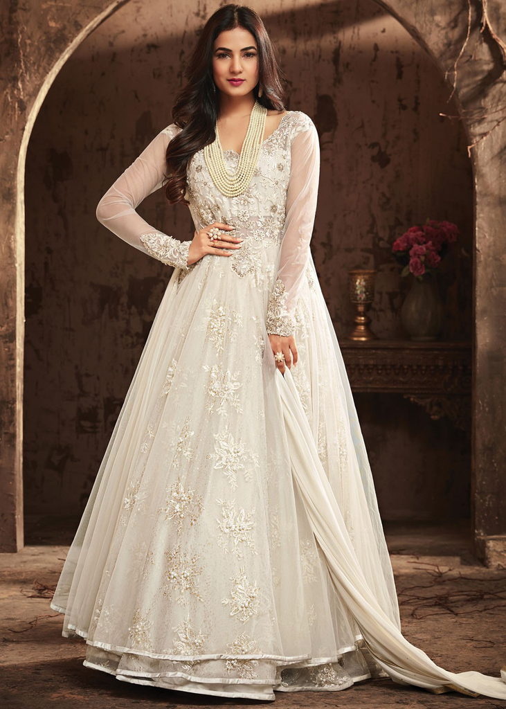 white anarkali wedding dress