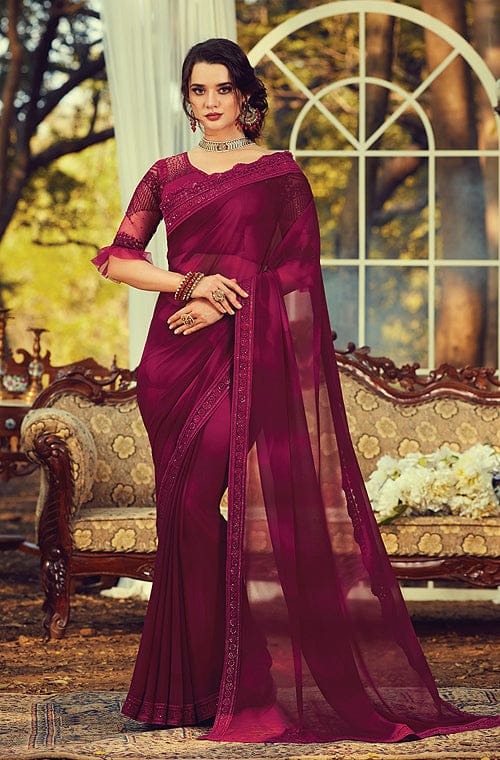 Sanvi Wine Colour Traditional Party Wear Silk Saree