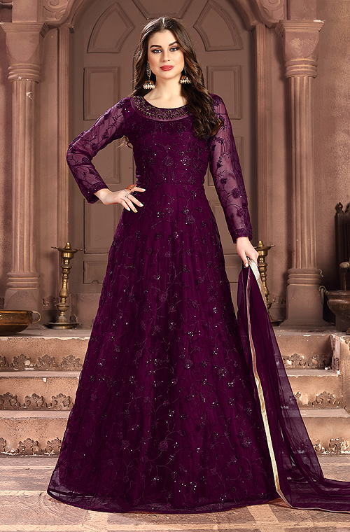 violet colour anarkali dress