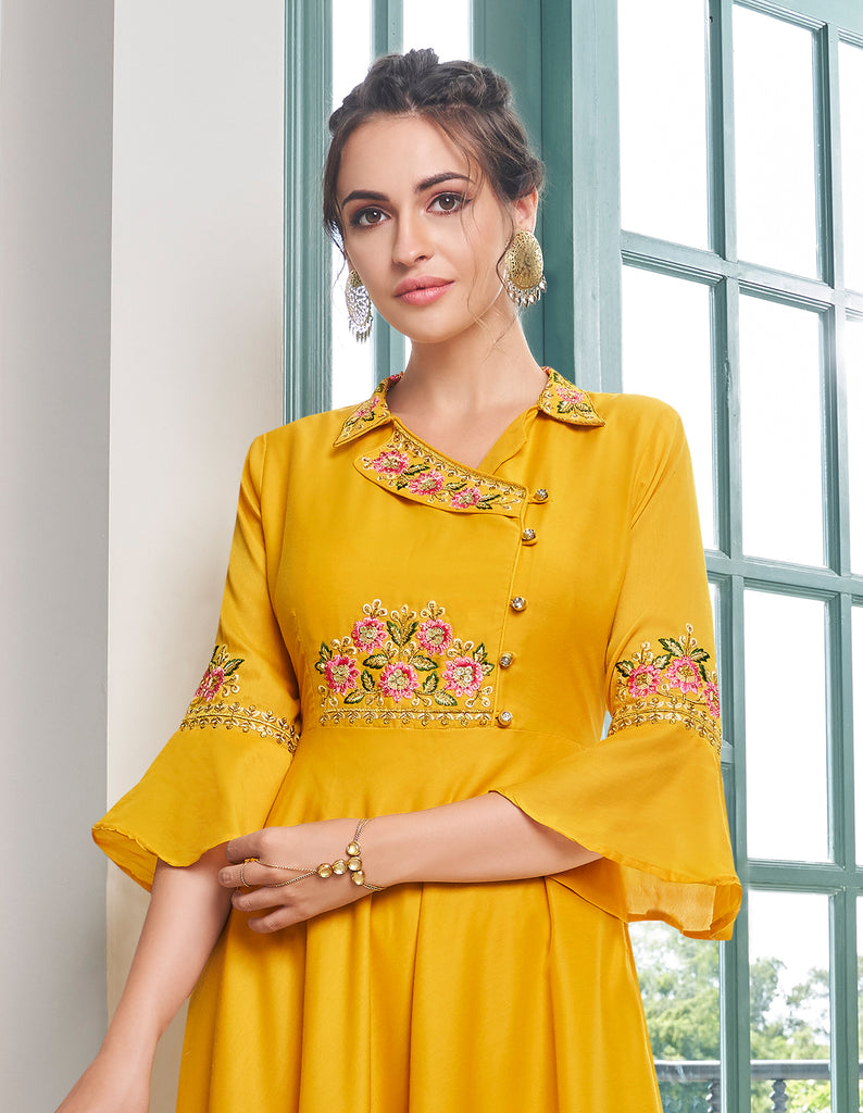 yellow long frock suit