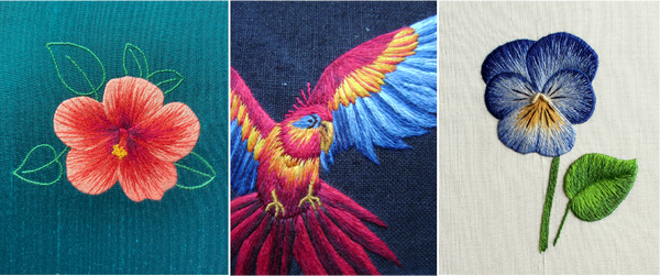 hibiscus, parrot and pansy in silk shading embroidery