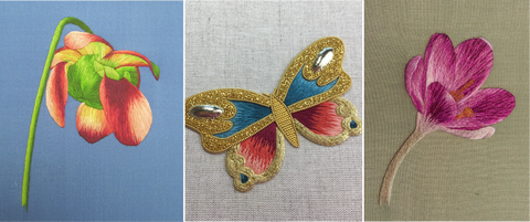 pitcher plant lure, butterfly and crocus in silk shading embroidery