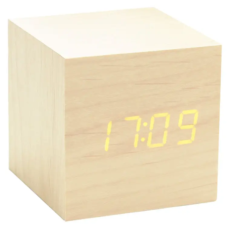 Gingko Cube Click Clock Maple/Orange LED Alarm Clock