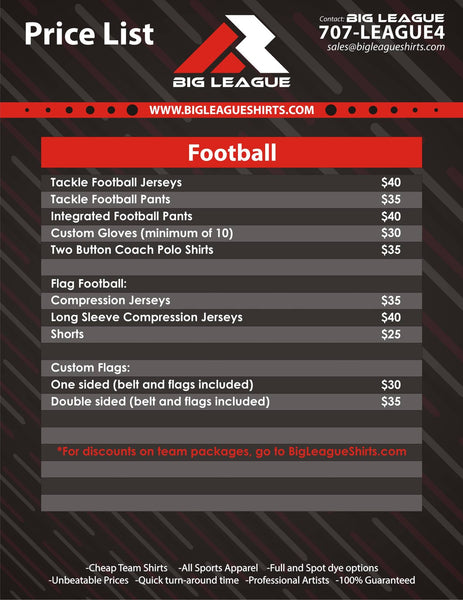 Price List – Big League Shirts
