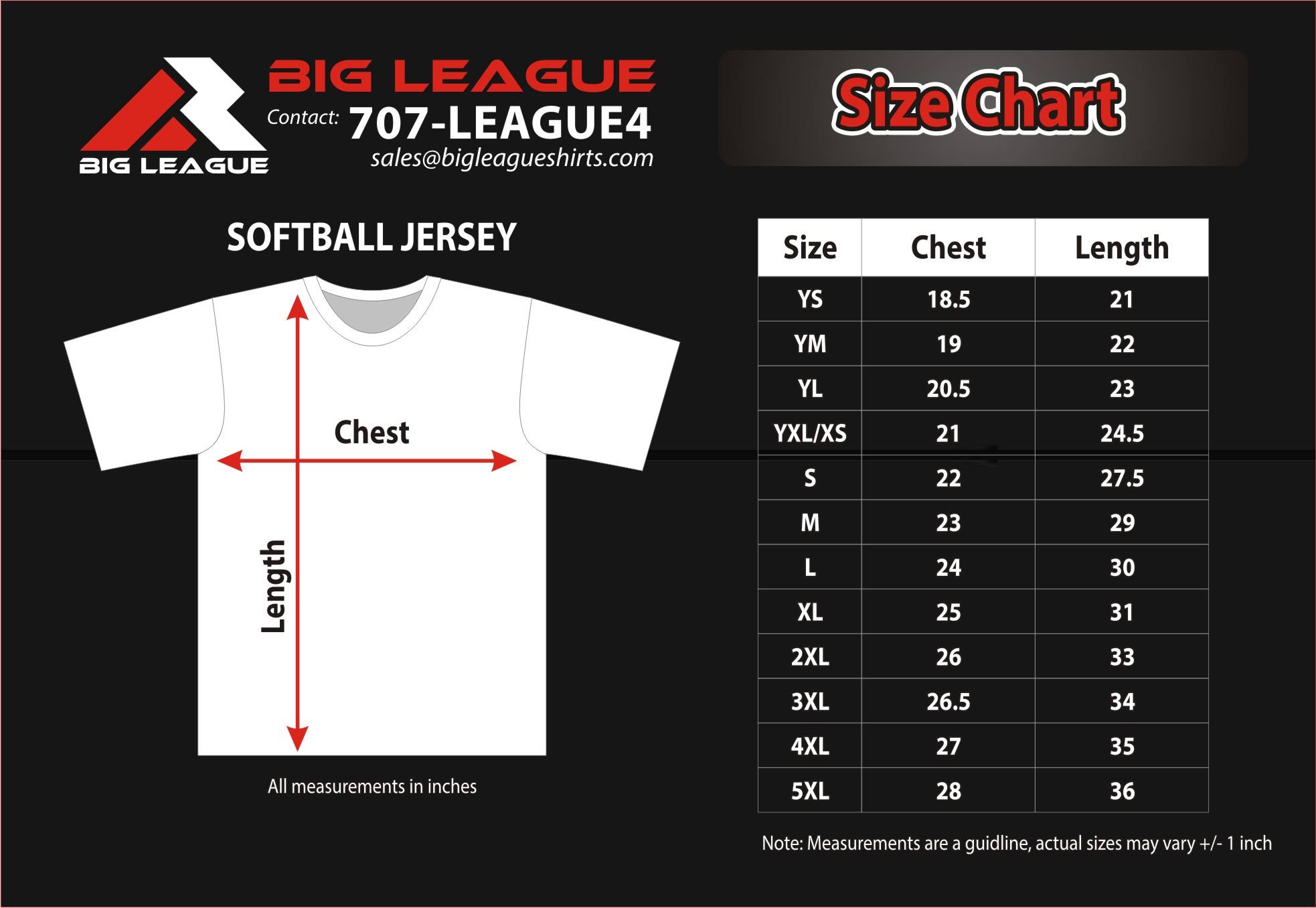 Jersey T Shirt Size Chart