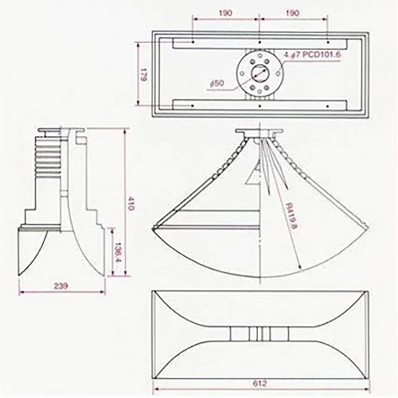 IWSITAO Customized 1 Pair TAD TH4001 Hyperbolic Stable Diffusion Wooden Horn 2 Inches Throat Birch Plywood Wide 612MM Diagram