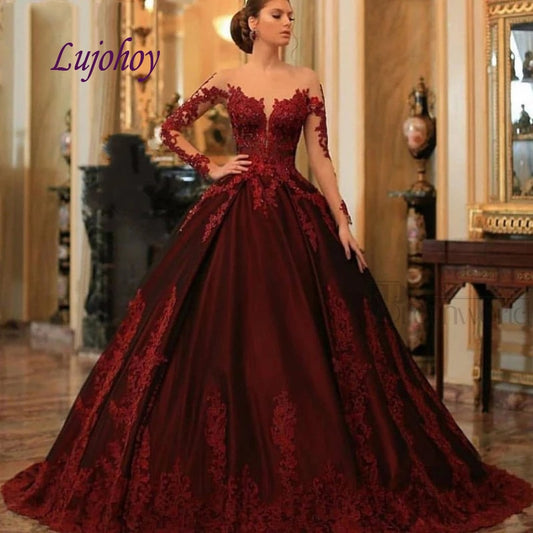 Gold Lace Appliques Burgundy Wedding Ball Gowns Dresses For Arabic Wom –  alinanova