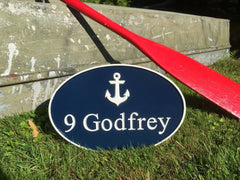 Oval Navy and White Address Sign with Anchor