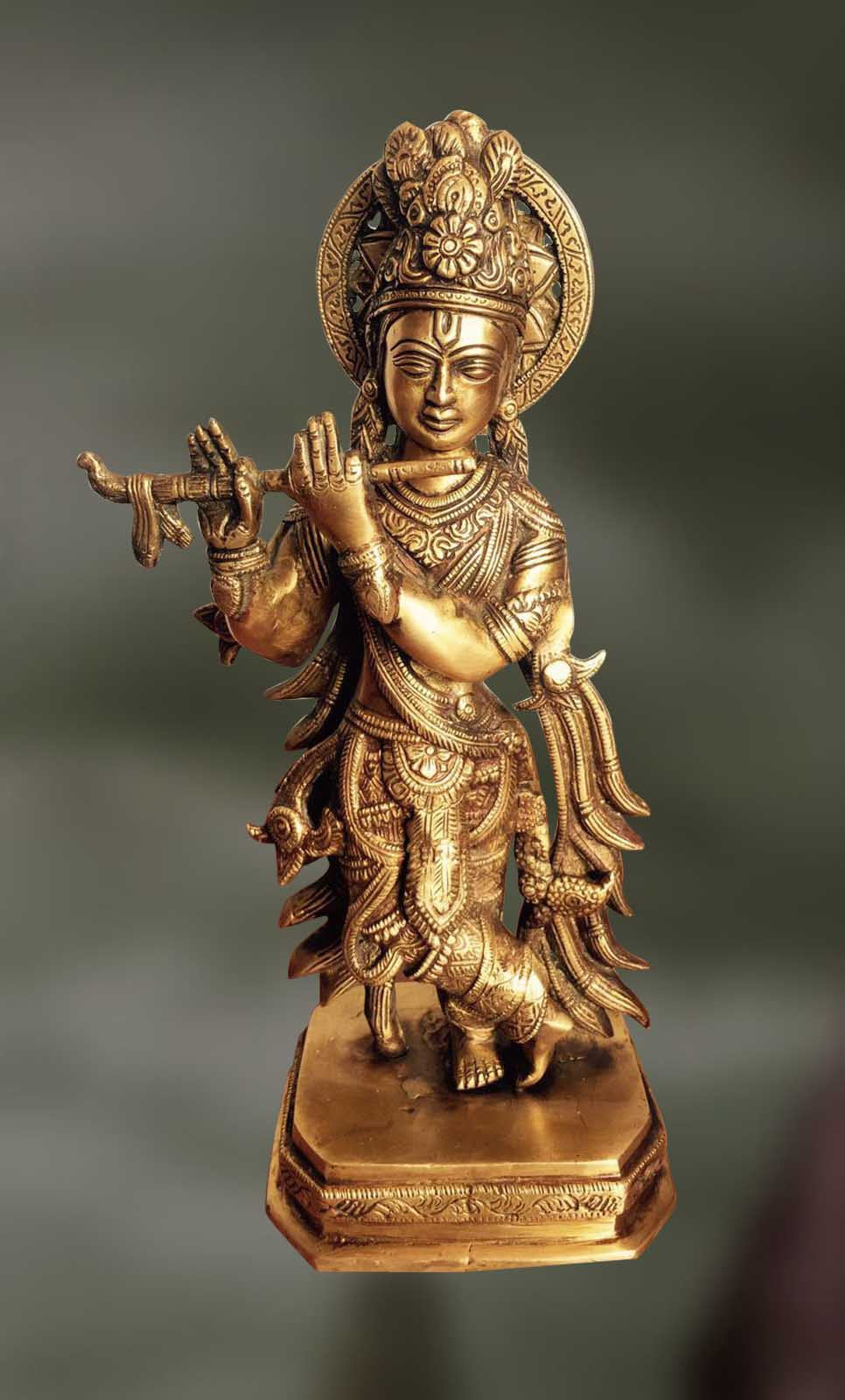 Brass sculpture of Krishna playing his divine flute - Artisans Crest
