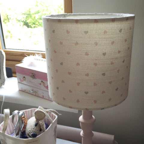 Small drum lampshade by Lolly & Boo in Olive & Daisy hearts linen