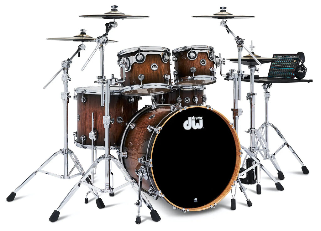 DWe Drums | Electronic 5-Piece Drum Set with Cymbals and Hardware in Candy Black Burst over Curly Maple
