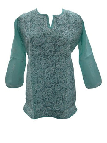 Green Blouse Cotton Embroidered Tunic Top - mogulinteriordesigns