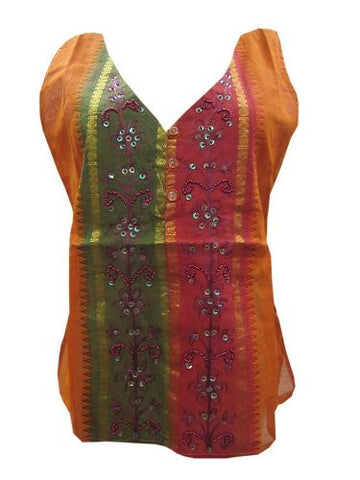 Indi Hippy Tunic Embroidered Cotton Saffron Kurta Top Boho Chic S - mogulinteriordesigns