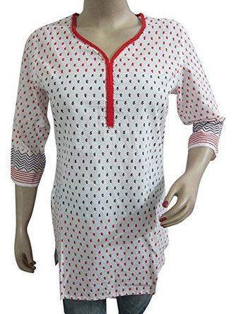 Indi Peasant Tunic White Kurti Paisley Print Cotton Tops - mogulinteriordesigns