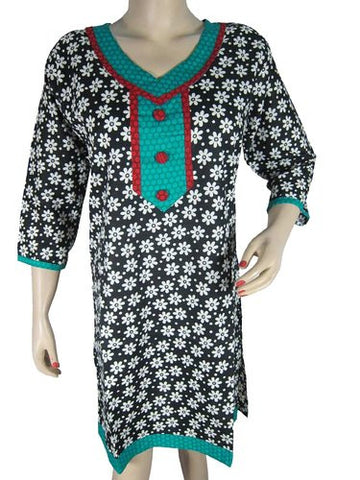India Clothing Cotton Kurti Tunic Top Black & White Floral Printed Kurta S - mogulinteriordesigns