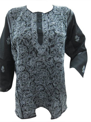 Indian Cotton Floral Embroidered Black Tunic Kurti - mogulinteriordesigns