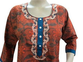 Indian Ethnic Tunic Dress Kurtis Floral Embroidery Brown Kurta - mogulinteriordesigns