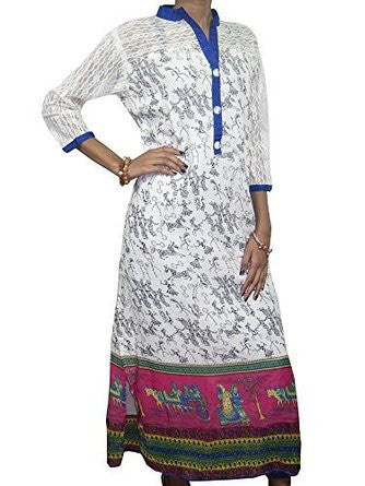 Indian Tunic Top Kurti Womens White Blue Tribal Printed Bohemian Dress for Women's - mogulinteriordesigns