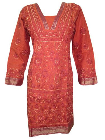 Indian Tunic Top Rust Cotton Embroidered Women's Long Kurti Dress Caftan X-small - mogulinteriordesigns