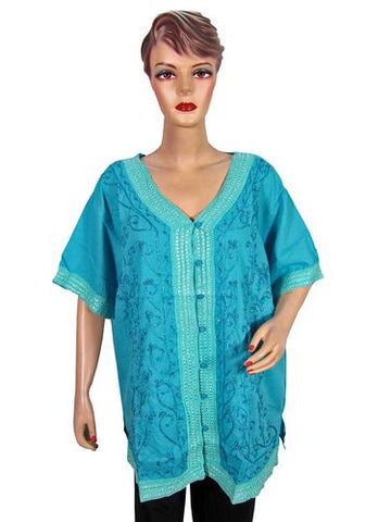 Boho Blouse Shirt Turquoise Blue Floral Cotton Top for Women Xxl S - mogulinteriordesigns - 1