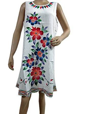 Bohemian Tank Dress, White Floral Sleeveless Dress, Stonewashed Rayon Dress - mogulinteriordesigns - 1