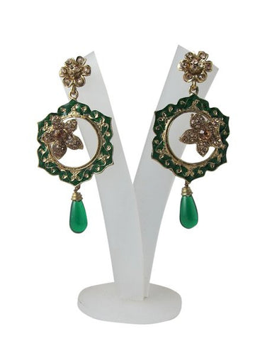 Dangle Earrings Emerald Green Ruby Color Gold Finished Kundan Chandeliers - mogulinteriordesigns - 1