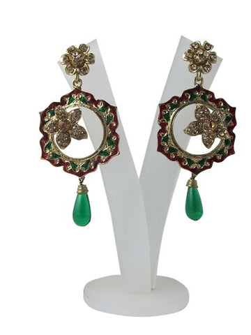 Dangle Earrings 1gm Gold Plated Green Red Stone Kundan Chandeliers - mogulinteriordesigns - 1