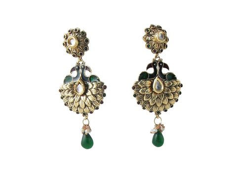 Designer Dangle Drop Earrings 1gm Gold Plated Peacock Green Polki - mogulinteriordesigns - 1
