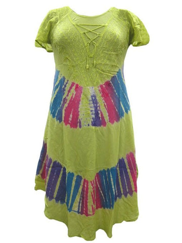 Boho Embroidered Dress Yellow Green Tie Dye Caftan Top - mogulinteriordesigns - 1