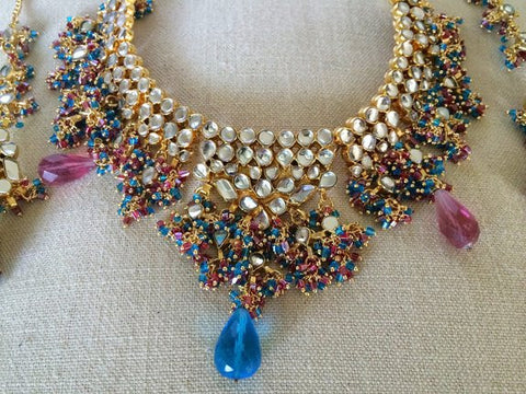 Ethnic Bridal Jewelry Gold Tone Kundan Polki Necklace Earring Set - mogulinteriordesigns - 1