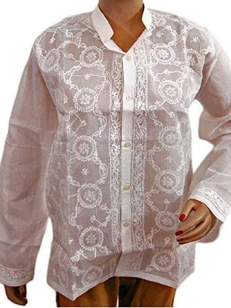 Cotton White Hand Embroidered Tunic Top - mogulinteriordesigns