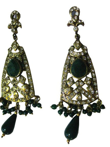 Dangling Earring Set Handcrafted Emerald Stone Kundan Earrings India - mogulinteriordesigns - 1