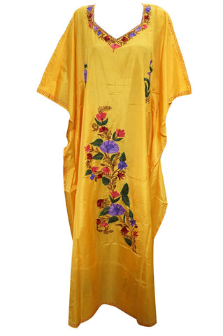 Bohemian Silk Kaftan Yellow Kashmiri Embroidered Caftan Kimono Dress for Womans Xxxl - mogulinteriordesigns - 1
