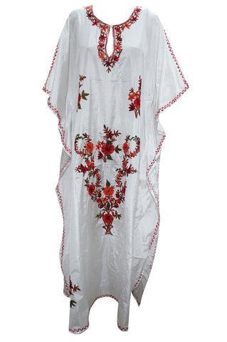 Boho Caftans Kashmiri Embroidered White Silk Kaftan Designer Long Maxi Dress Xxxl - mogulinteriordesigns - 1