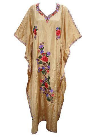 Boho Beige Kaftans Kashmiri Embroidered Caftan Long Maxi Dress, Gift for Mother - mogulinteriordesigns - 1