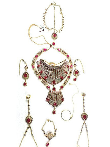7 Pcs Indian Wedding Set Pink Kundan Polki Necklace India Bridal Jewelry Sets - mogulinteriordesigns - 1