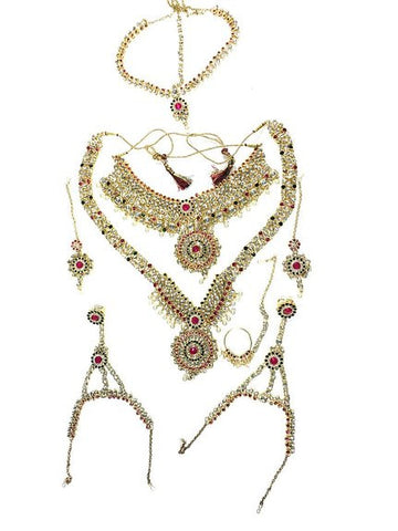 6 Pcs Indian Bridal Jewelry Set Pink Green Golden Kundan Wedding Necklace Sets - mogulinteriordesigns - 1