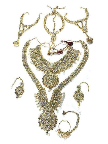 6 Pcs Indian Bridal Jewelry Sets White Kundan Set Wedding Necklace Maang Tikka Earrings - mogulinteriordesigns - 1