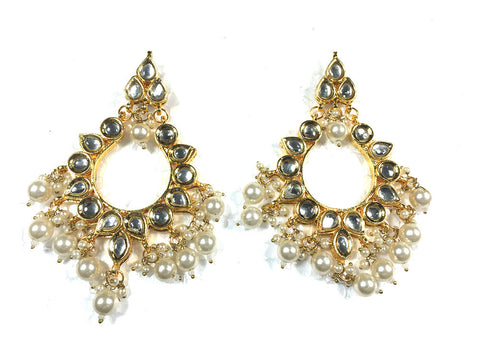 Polki Dangler Earrings Goldtone Pearl Kundan Traditional Indian Bollywood Jewelry, Gift Idea - mogulinteriordesigns