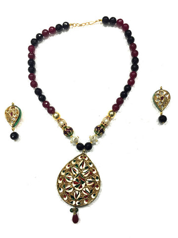 Mogul Necklace Tear Drop Pendant Tourmaline Indian Jewelry Sets, Kundan Navratna - mogulinteriordesigns - 1