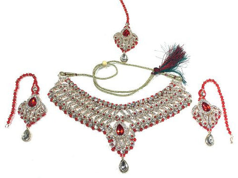 Bollywood Style Indian Imitation Jewelry Red White Stones Fashion Necklace and Earrings Set - mogulinteriordesigns