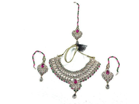 Bollywood Indian Imitation Necklace Set Pink Green Stone Bridal Jewelry Sets - mogulinteriordesigns - 1