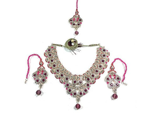 Bollywood Style Indian Jewelry Pink White Stones Fashion Necklace Earrings Set - mogulinteriordesigns - 1