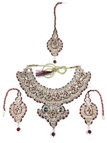 Bollywood Style Jewelry Dark Red White Stones Polki Necklace Set Indian Imitation Jewellery - mogulinteriordesigns - 1