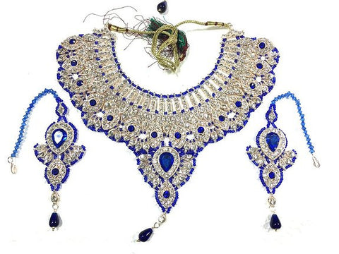 Bollywood Style Indian Jewelry Set- Blue White Stone Studded Necklace Earrings Aniversary Gift - mogulinteriordesigns - 1