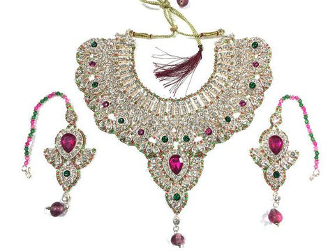 Bollywood Jewelry Sets Pink Green White Stone Studded Indian Imitation Necklace Earrings Set - mogulinteriordesigns - 1
