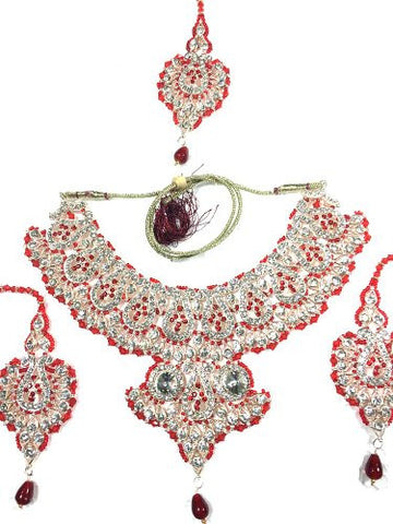 Bollywood Style Necklace Earrings Set Red White Stones Fashion Indian Bridal Imitation Jewelry - mogulinteriordesigns - 1