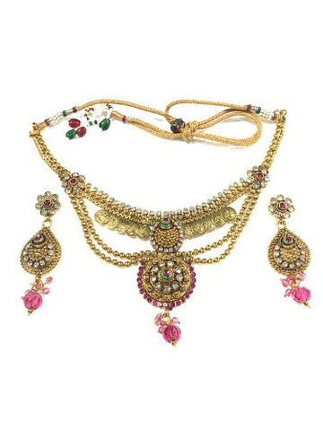 Bollywood Jewelry Sets- Womens Traditional Antique Gold Kundan Polki Coin Necklace Set - mogulinteriordesigns - 1